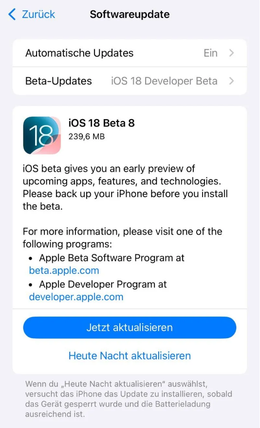 通化苹果手机维修分享苹果 iOS / iPadOS 18 开发者预览版 Beta 8 发布 